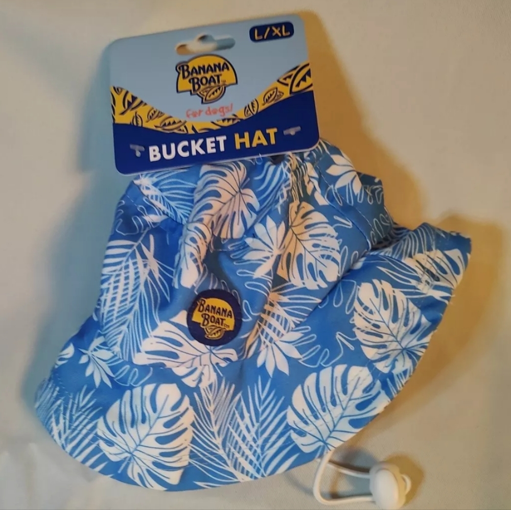 Banana Boat Bucket Hat With Drawstring For DOGS L/XL 12-16” In Blue & White